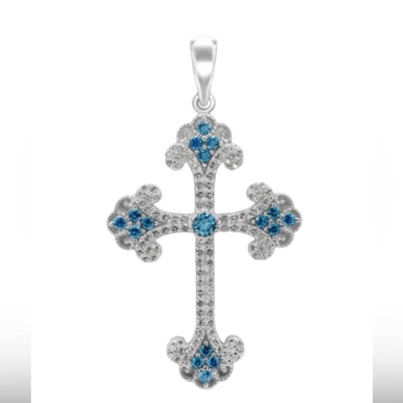 NWT Sterling Silver Budded Religious Cross Pendant w Light Blue Cubic Zirconia